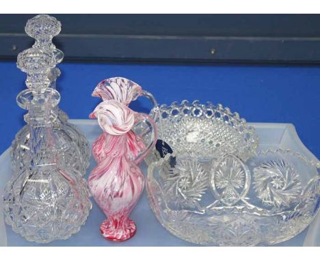 GOOD LOT OF CUT CRYSTAL AND GLASS
including cut crystal bowls, comport, decanters and two mottled glass urn vases