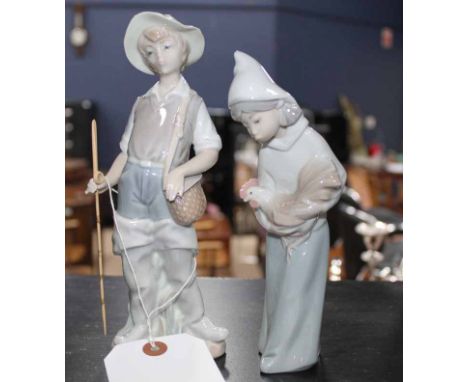 TWO LLADRO FIGURES
one of a girl with a cockerel, 20cm high, the other of a boy with a fishing rod, 22.5cm high