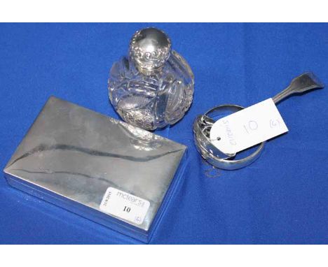 SILVER CIGARETTE BOX, SILVER LIDDED TOILET BOTTLE, SILVER BANGLE AND SILVER STRAINER
