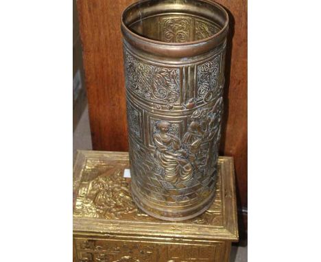 FIVE BRASS ITEMS 
including a coal box, umbrella stand, fire screen, wall mounted mirror and and oil lamp, oil lamp including