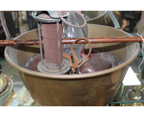 LOT OF BRASSWARE 
including two lamps and a jelly pan; also together with a Victorian walking cane and a leather cased camera