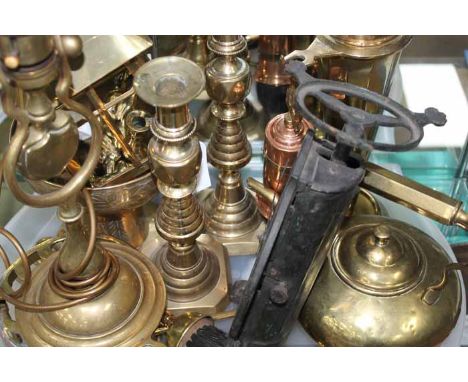 LARGE COLLECTION OF BRASS ITEMS INCLUDING A LAMP
comprising candlesticks, decorative items, etc and a cast metal set of house