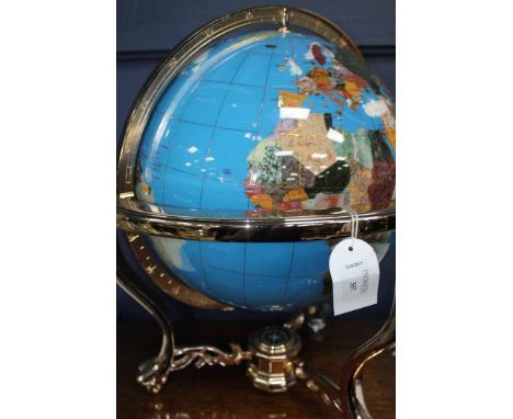 20TH CENTURY GLOBE SET WITH HARDSTONE INLAID COUNTRIES
on yellow metal axis and base, 51cm high
