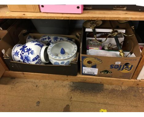 Shelf of assorted, including blue and white china