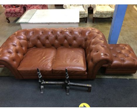 Brown leather two seater Chesterfield sofa and foot stool