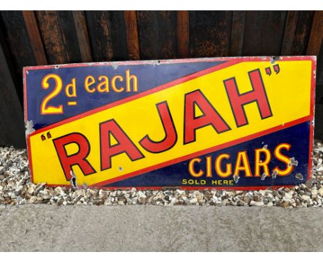 A tobacco enamel sign advertising Rajah Cigars at 2d each by Stainton &amp; Hulme Ltd. B'Ham, 41 1/2 x 18". 
