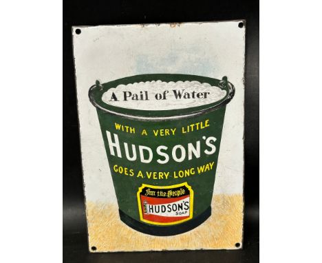 A rare variation of a Hudson's Soap bucket enamel advertising sign, some professional restoration, 7 x 9". 