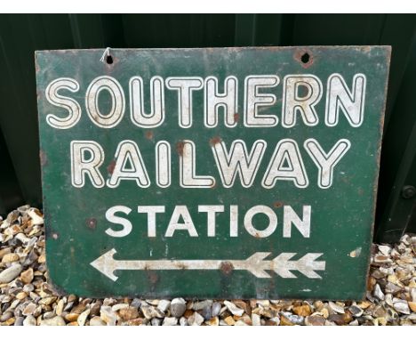A Southern Railway Station directional arrow double sided hanging enamel advertising sign, 20 x 15" by repute from Basingstok