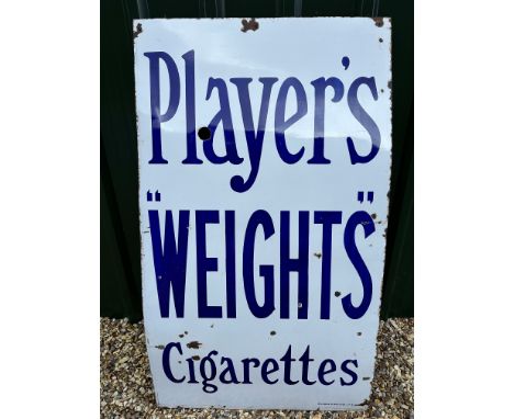 A large Player's Weights Cigarettes enamel advertising sign by Wildman and Meguyer Ltd., please note the hole in the 'a' of P