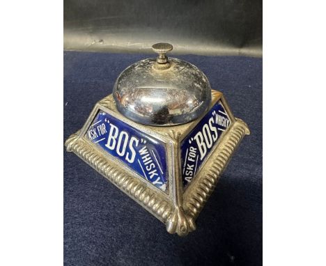 A very rare Bos Whisky counter top bell with four enamel side panels, the base 4.5 x 4.5". 