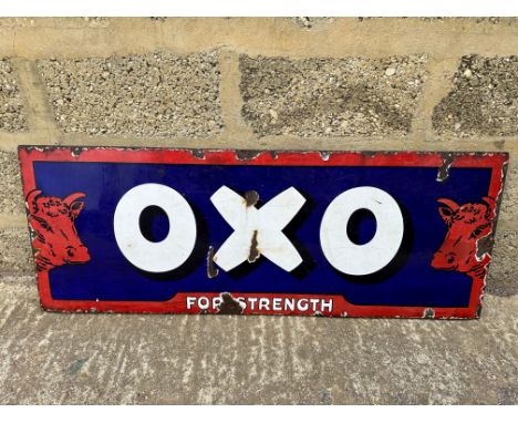 An Oxo For Strength enamel advertising sign mounted to metal support frame, 48 x 18". 