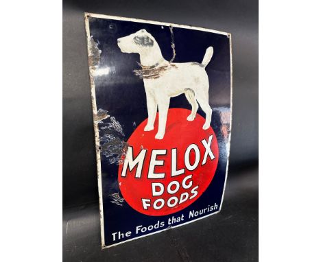 A Melox Dog Foods 'The Foods that Nourish' pictorial enamel advertising sign, 18 x 26". 