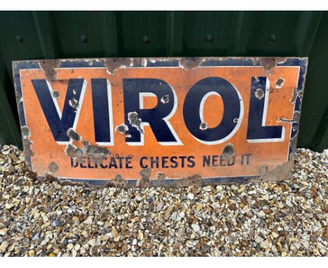 A Virol 'Delicate Chests Need It' enamel advertising sign by Patent Enamel, 48 x 21", by repute from Basingstoke Station. 