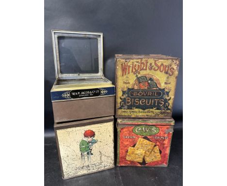 Four shop counter top dispensing tins: Wright &amp; Son's Bovril Biscuits, C.W.S. Biscuits, W &amp; R Jacob &amp; Co. Ltd gla