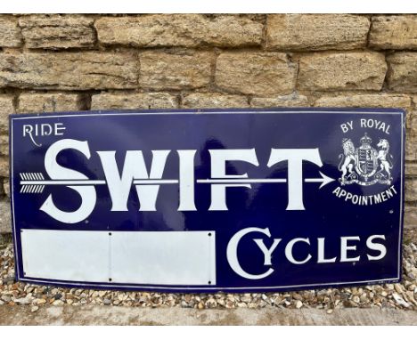 A Ride Swift Cycles - By Royal Appointment large enamel advertising sign by Imperial Enamel Co. Ltd. of B'Ham, 48 1/2 x 21". 