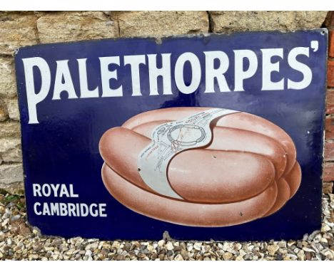A Palethorpes' Royal Cambridge (sausages) pictorial enamel advertising sign, 36 x 24". 