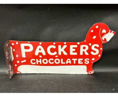 A Packer's Chocolates die cut double sided enamel advertising sign in the form of a dog, with hanging flange, some profession