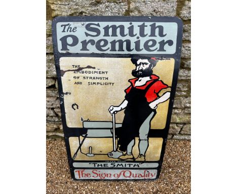 A rare and early The Smith Premier pictorial enamel advertising sign depicting a blacksmith (for typewriters), 24 x 40". 