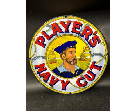 A Player's Navy Cut circular enamel advertising sign (cut out from a larger sign), 12 1/4" diameter. 