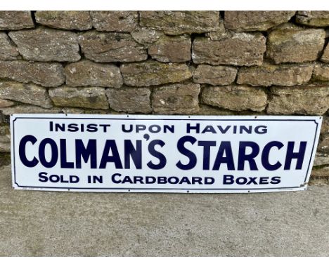 A Colman's Starch  'Sold in cardboard boxes' enamel advertising sign by Patent Enamel Co. Ltd. 62 1/2 x 16". 