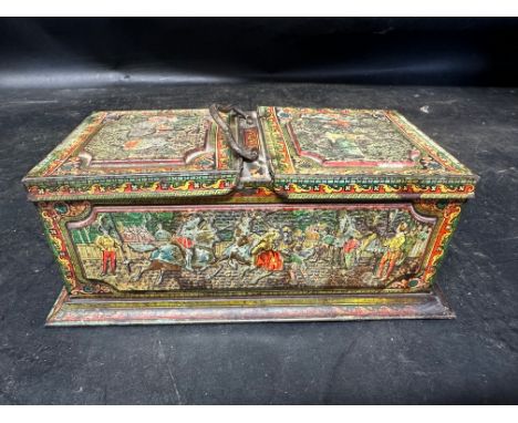 A c.1900 Huntley and Palmers biscuit tin in the form of a Georgian tea caddy with embossed medieval scenes, 9" wide. Note one