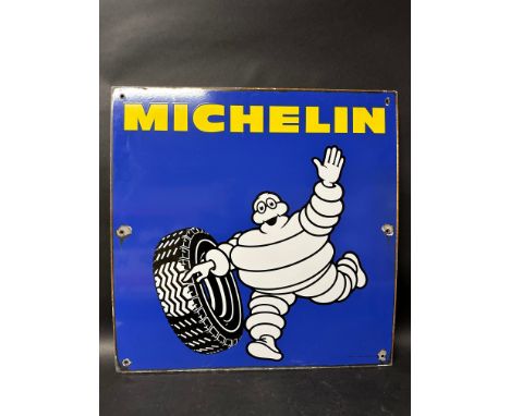 A Michelin single sided enamel sign depicting Mr Bibendum rolling a tyre made in France 1982, 25 3/4" x 25 1/2". 