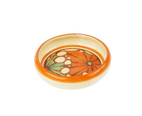 A Clarice Cliff ‘Broth’ pattern pin tray, circa late 1920’s, decorated with stylised bubbles and cobwebs in orange, brown and