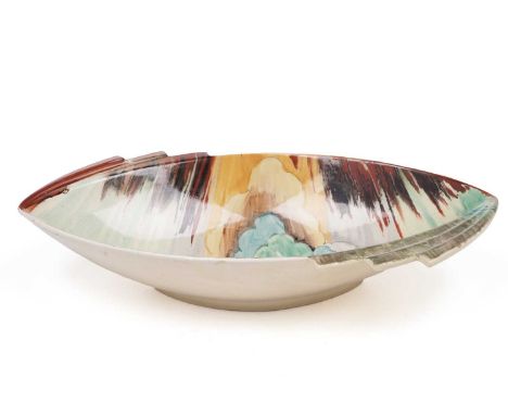 A Clarice Cliff Bizarre ‘Forest Glen’ pattern oval bowl, shape 475, circa early/mid 1930s, with hand-painted decoration of a 