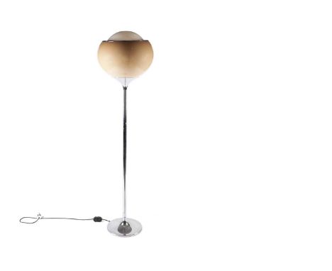 A ‘Grande Bud’ chrome standing floor lamp, with amber acrylic shade and white diffuser on chrome tulip base, 180cms high.