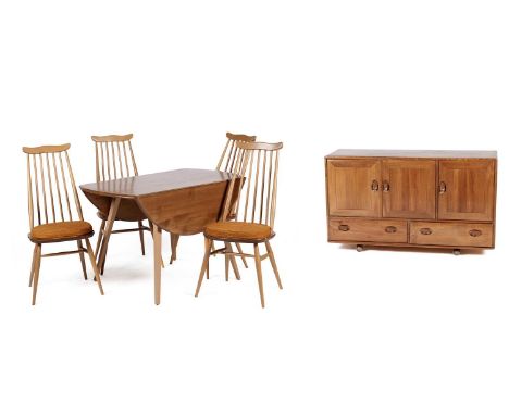 An Ercol elm and beech dining room suite, comprising: Windsor sideboard; four blue label Goldsmith dining chairs; and a model