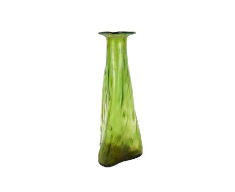 A Bohemian iridescent green glass vase, in the manner of Loetz, of dimpled, tapering triangular form, unsigned, 33.5cms high.