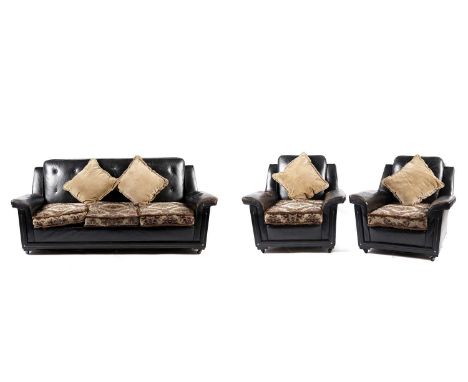 A 1950’s black leather and vinyl three-piece suite, comprising a three-seat sofa and pair of armchairs, all with worn black l