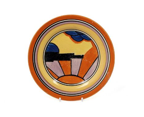 A Clarice Cliff Bizarre ‘Sunray’ pattern side plate, circa 1929/30, decorated with stylised skyscraper, clouds, and orange an