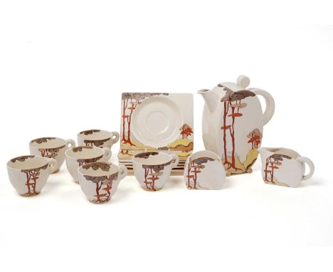 A Clarice Cliff ‘Coral Firs’ Bonjour pattern coffee service, circa mid-1930s, comprising: a coffee pot, six coffee cups and s