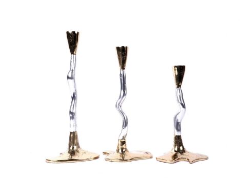 David Marshall: A three-section Bi-metal aluminium and brass candlestick, with three brass interlocking bases, one stamped wi