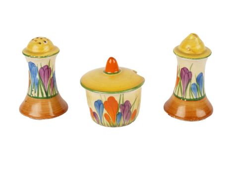 A Clarice Cliff ‘Crocus’ pattern cruet, circa early-mid 20th Century, decorated with stylised crocus flowers in purple, blue,
