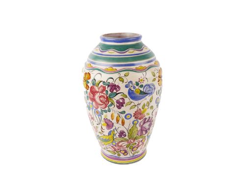 A large Carter Stabler and Adams Poole earthenware vase, well decorated with birds, flowers, and foliage in bright colours, w