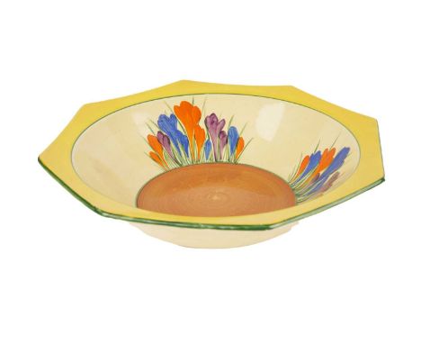 A Clarice Cliff ‘Crocus’ pattern bowl, circa early-mid 20th Century, decorated with stylised crocus flowers in purple, blue, 