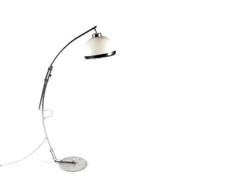 A 1970’s Italian Arc floor lamp in the manner of Harvey Guzzini, marble base attached to the white plastic and chrome shade w
