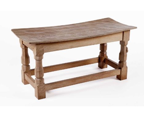 An oak double dish topped stool, by Robert Thompson of Kilburn for Mouseman, with adzed top and signature carved mouse, 82 x 
