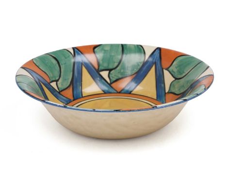 A Clarice Cliff ‘Double V’ pattern bowl, circa mid/early 1930s, with hand-painted decoration of leaves divided by blue triang