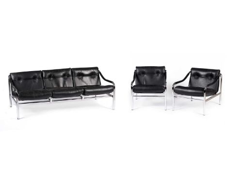 A 1970’s 'Kadia’ three seat sofa by Tim Bates for Pieff; and matching pair of armchairs, with chrome frames and black leather