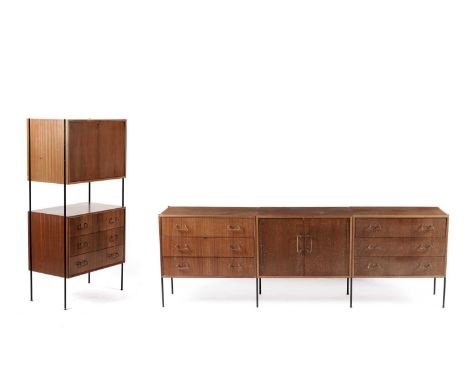 A mid-20th Century modular teak wall unit by Peter Hayward for Vanson, comprising three three-drawer chests, a double door ca