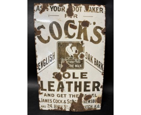 An 'Ask your Boot Maker for Cock's Sole Leather' enamel advertising sign, 15 x 24".