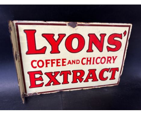 A Lyons' Coffee and Chicory Extract double sided enamel advertising sign with hanging flange, 18 x 11 3/4".