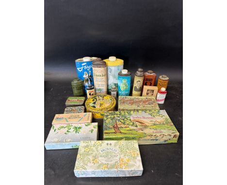 A quantity of bathroom packaging inc. powders, soaps, shampoo, pins, Buddy Brooks 'A Man's Powder for Men' etc.
