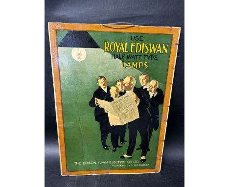 A Royal Ediswan Half Watt Lamps pictorial hanging showcard depicting politicians of the day reading a newspaper with the head