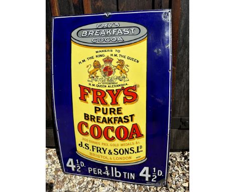 A large Fry's Pure Breakfast Cocoa pictorial enamel advertising sign depiciting a 4 1/2lb tin of cocoa with Royal Warrant, by