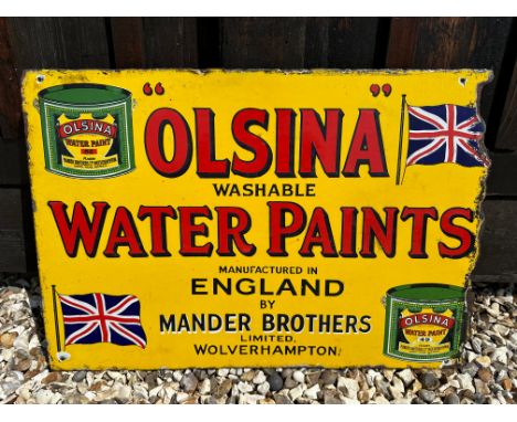 An "Olsina" Water Paints by Mander Brothers, Wolverhampton double sided enamel advertising sign with Union Jacks and paint po