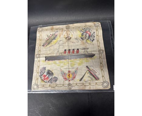 A nautical silk scarf/handkerchief  advertising the Mauretania Liverpool 1907 by The Cunard Steamship Co. Ltd. with images of